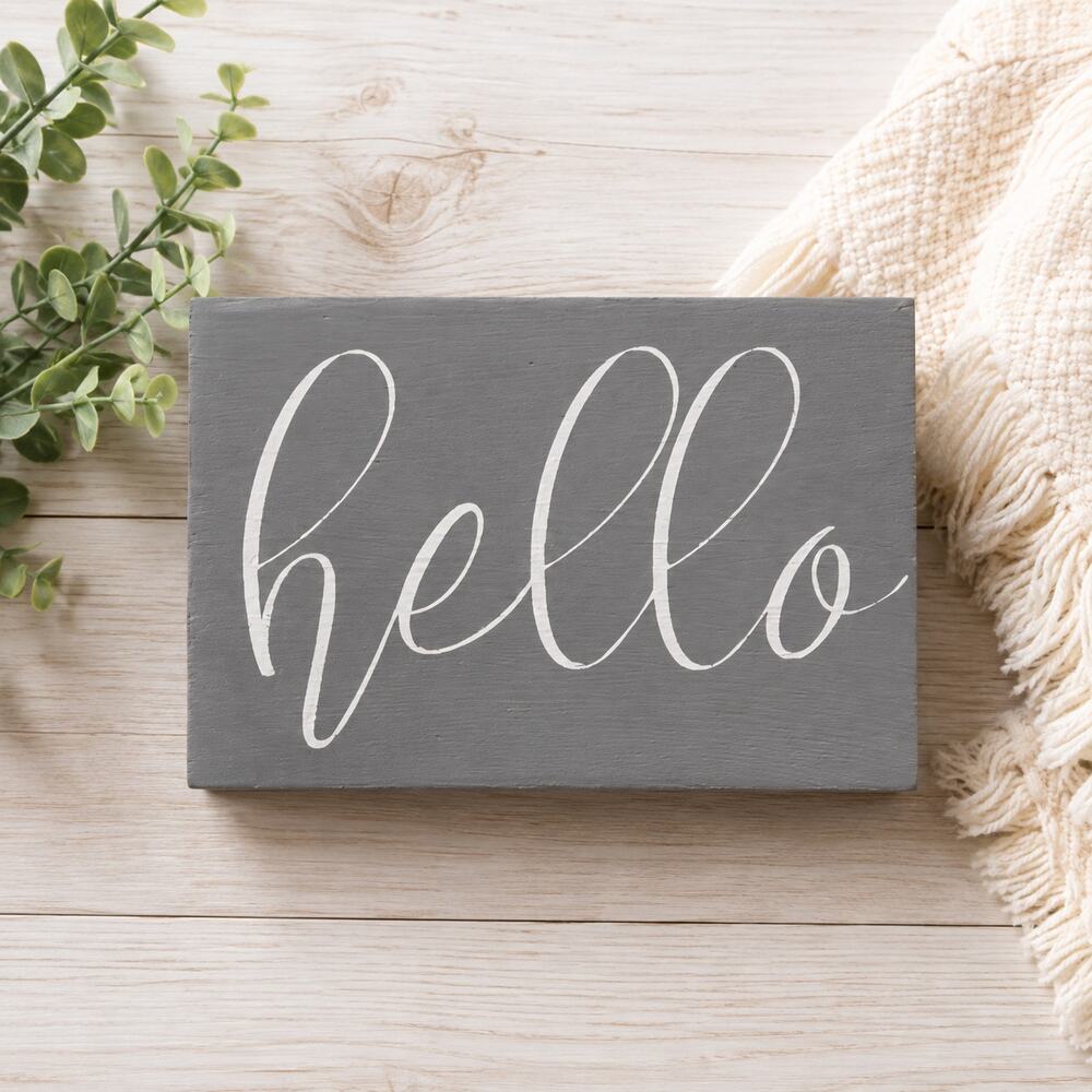 Hello Wood Block Sign – Farmhouse Home Decor PINK -WHITE 6" X 3.75" 2.25" THICK